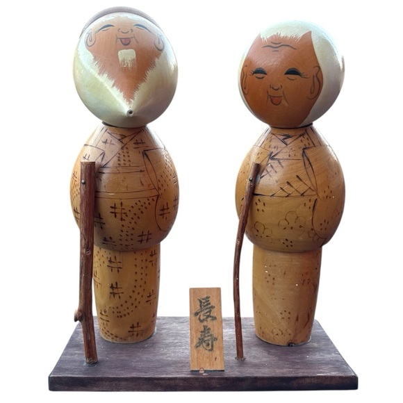 Vintage Japanese Wooden kokeshi dolls elderly couple takasago signed - Picture 4 of 6
